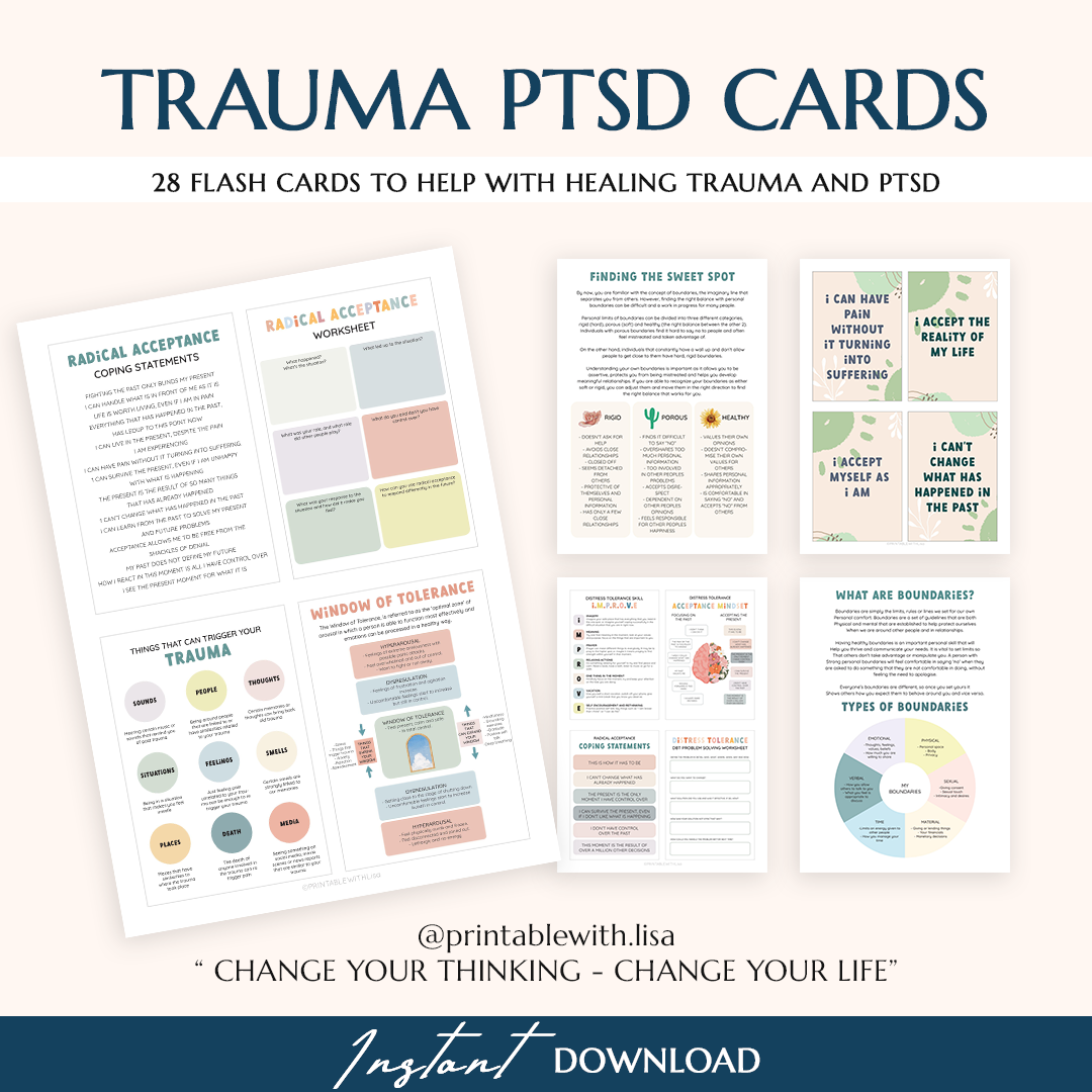 Trauma Therapy Bundle - Coping cards, therapy worksheets, PTSD & anxiety tools