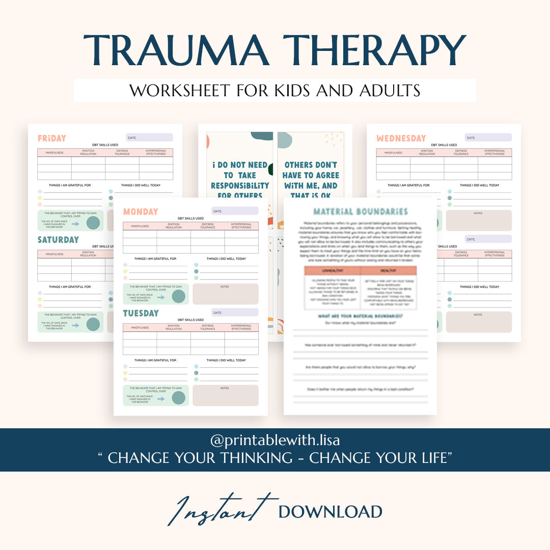 Trauma Therapy Bundle - Coping cards, therapy worksheets, PTSD & anxiety tools