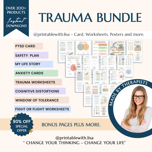 Trauma Therapy Bundle - Coping cards, therapy worksheets, PTSD & anxiety tools